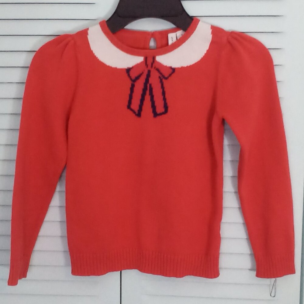 JANIE and JACK 5 RED 100% COTTON LONG PUFF SLEEVE SWEATER KNIT IN COLLAR & BOW